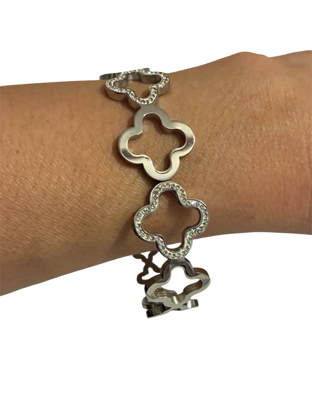 Vintage Silver Clover Link Bracelet with Crystal Accents
